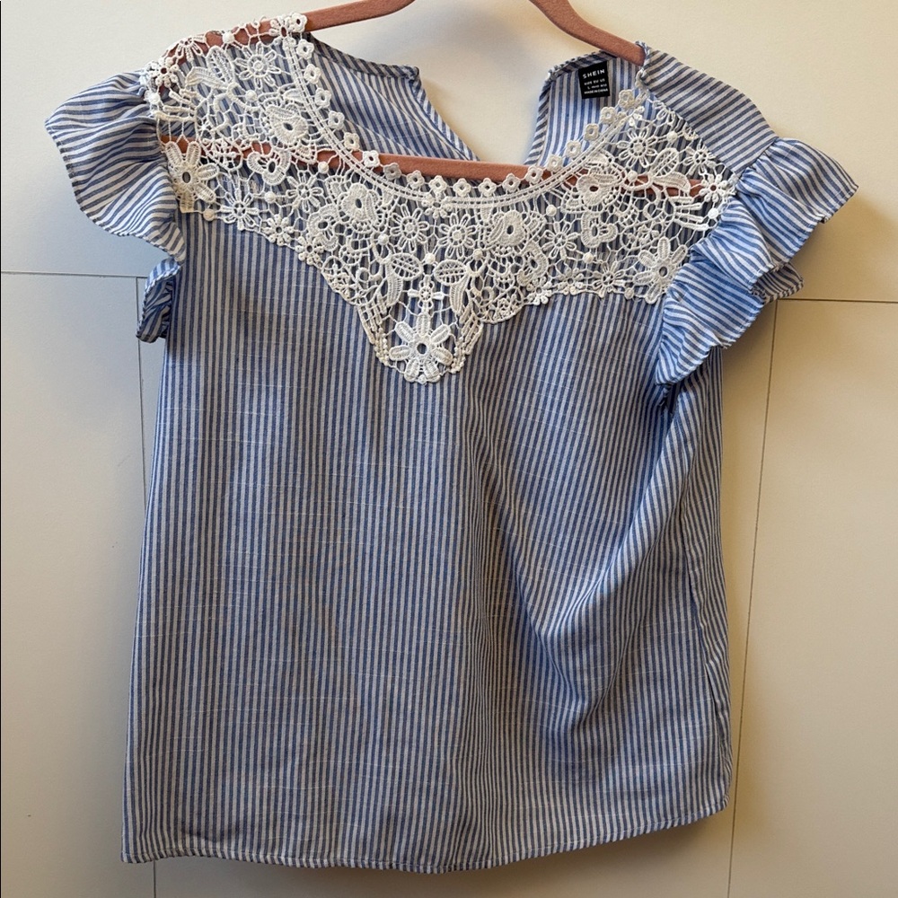 SHEIN Blue and White Striped Blouse with Lace